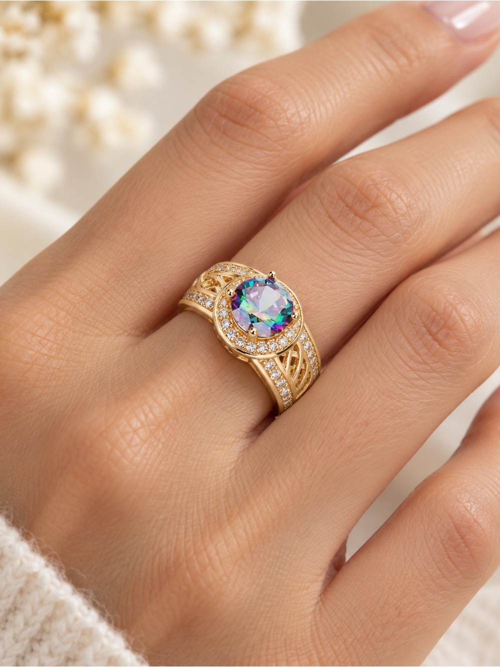 Gold Tone Rainbow Oval Stone Halo Ring Filigree Statement Band (R4) - Picture 1 of 6